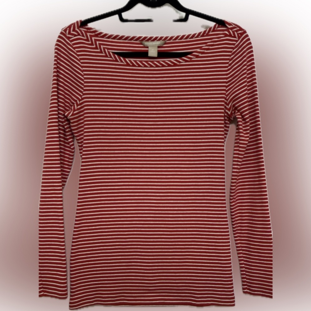 Banana Republic Red & White Striped Long Sleeve Boatneck Top - S